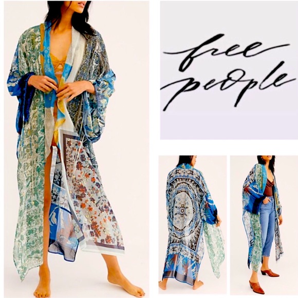 FREE PEOPLE Gorgeous Leonora FESTIVAL kimono duster 1 size blue greens & creams - Picture 1 of 8